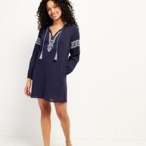 ROOTS Blue Rimby Embroidered Boho Peasant Long Sleeve Dress